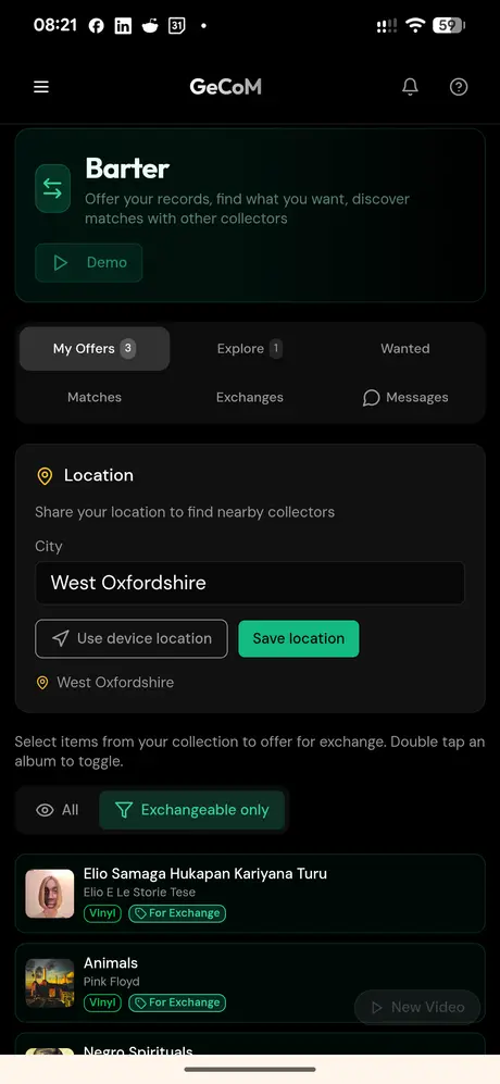 GeCoMusic screenshot: records available for swaps in Barter