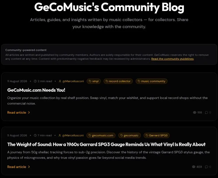Current GeCoMusic Blog screenshot with community articles