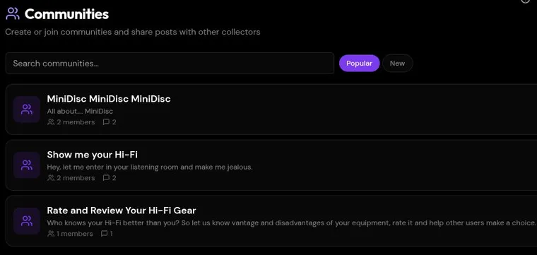 Current GeCoMusic Communities screenshot with MiniDisc and Hi-Fi groups