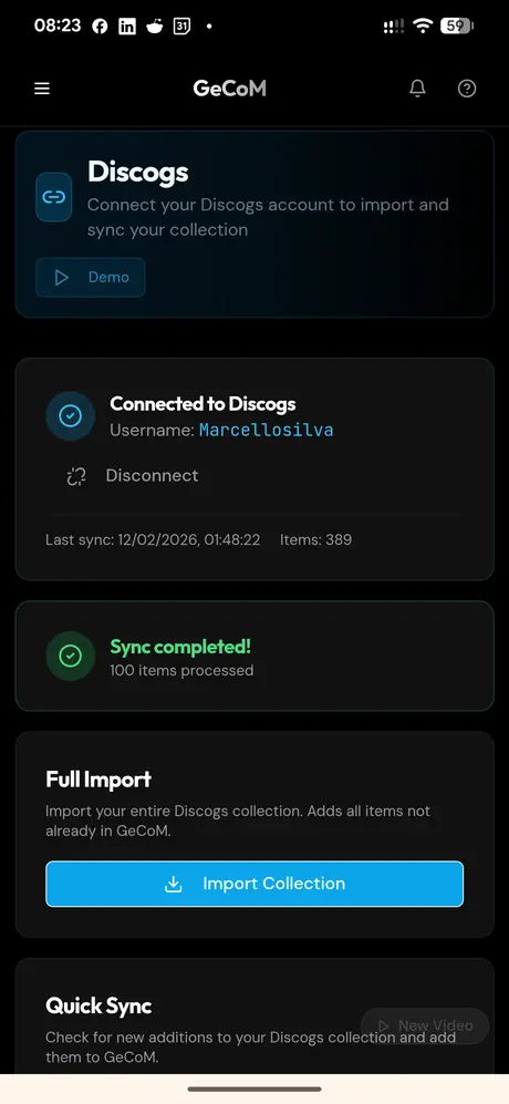 GeCoMusic screenshot: connecting Discogs and importing a collection