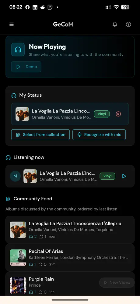 GeCoMusic screenshot: collectors sharing their listening in Now Playing