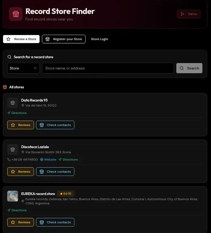 Current GeCoMusic Store Finder screenshot with name search, radius and store cards