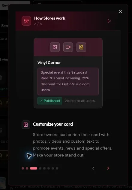 Official GeCoMusic demo: a store card with initiatives, photos and videos